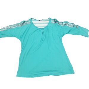 Womens Aqua Blue White Striped Cold Shoulder‎ Sequin Sleeve Top